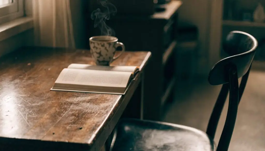An open Bible on a wooden table beside a cup of coffee in soft window light