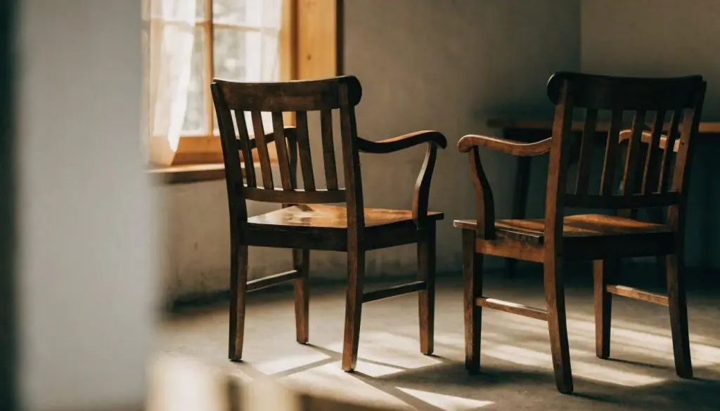 Two empty wooden chairs facing each other in warm window light