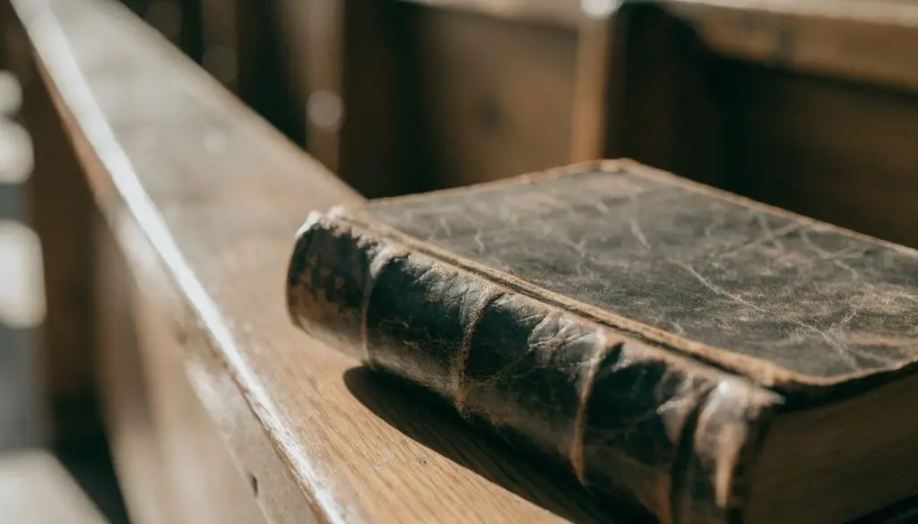 Close-up of a worn leather Bible cover resting on a wooden pew