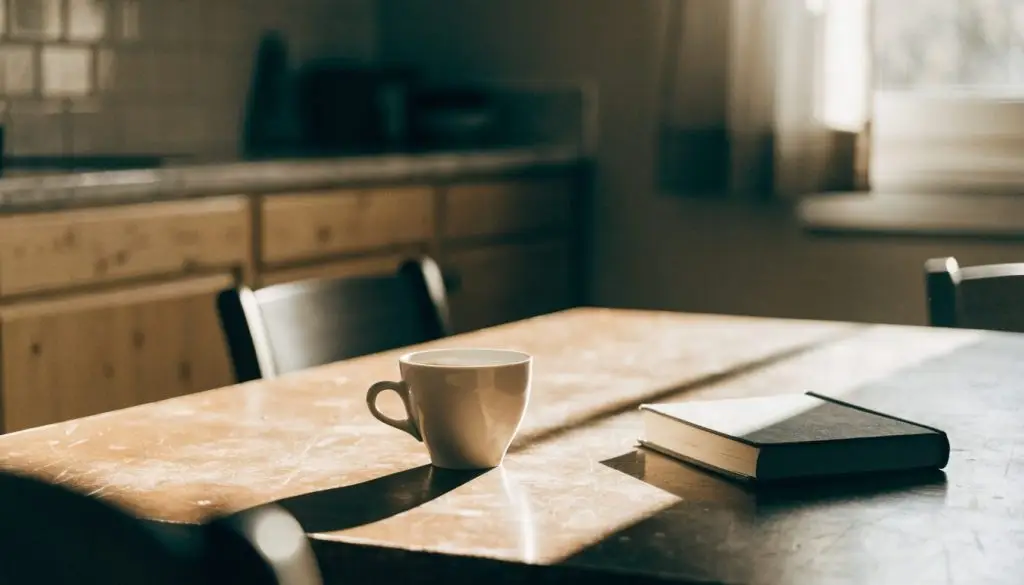 A stack of old books and a coffee cup on a wooden table in warm light