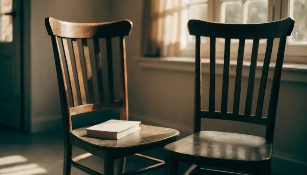 Two empty wooden chairs facing each other in a quiet sunlit room