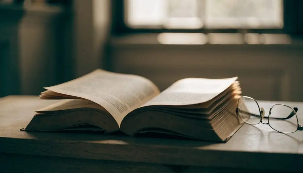 An open Bible and reading glasses on a wooden desk in soft window light