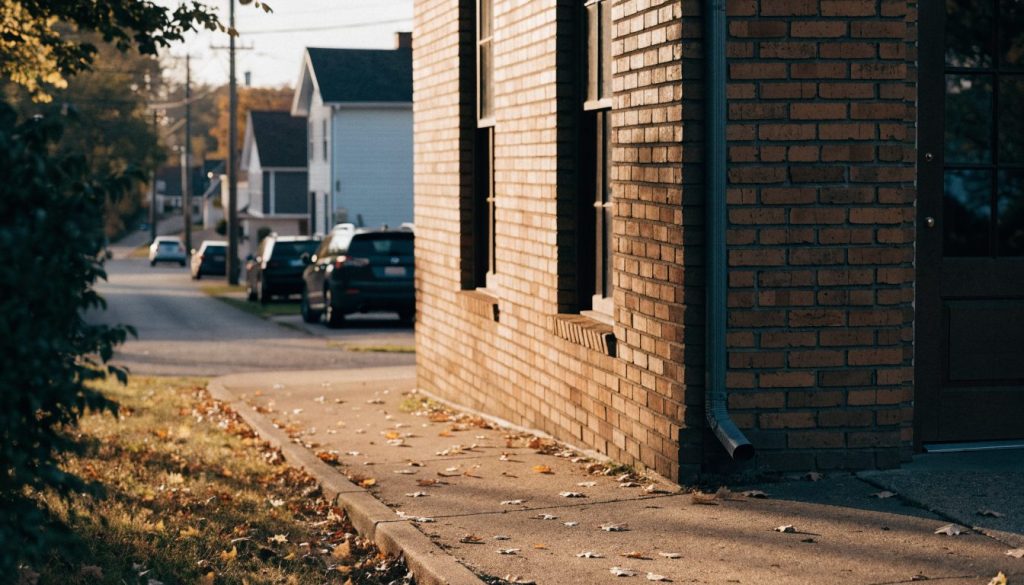 Brick exterior and front steps of a small-town church in late afternoon light
