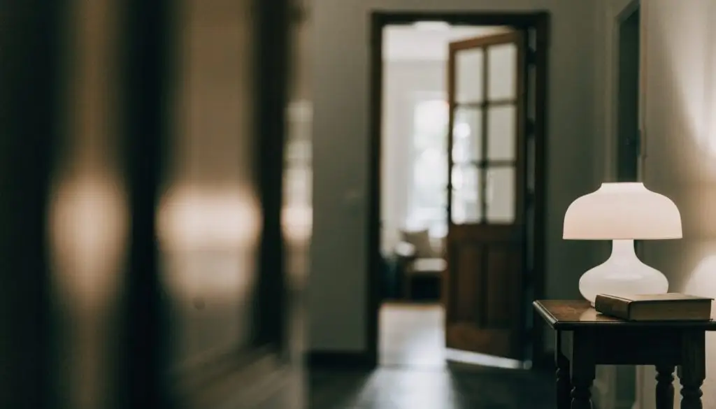 A single lamp lit beside a closed Bible on a table in a quiet, dim room.