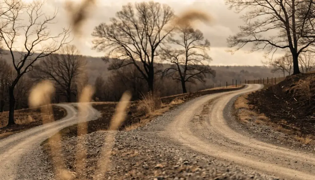A rural crossroads in the Pennsylvania hills under soft daylight, suggesting a decision point.