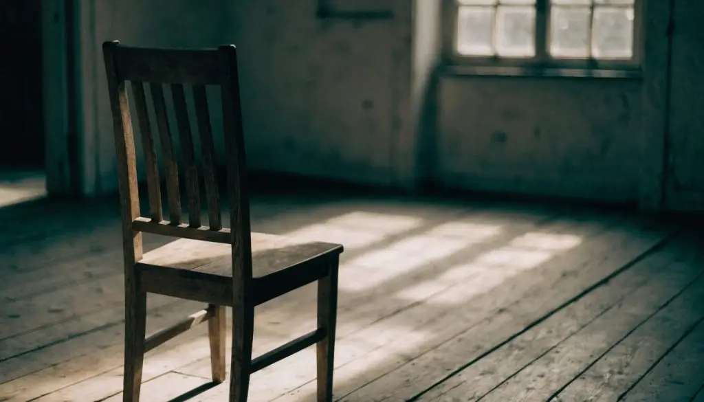 An empty wooden chair in a quiet, softly lit room