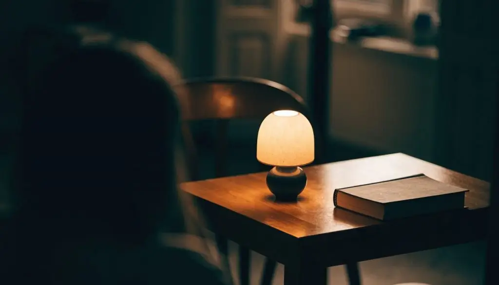A single lamp glowing beside an open Bible on a table in a dark, quiet room.