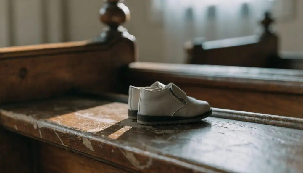 A pair of small children's shoes resting on a wooden pew in soft morning light.